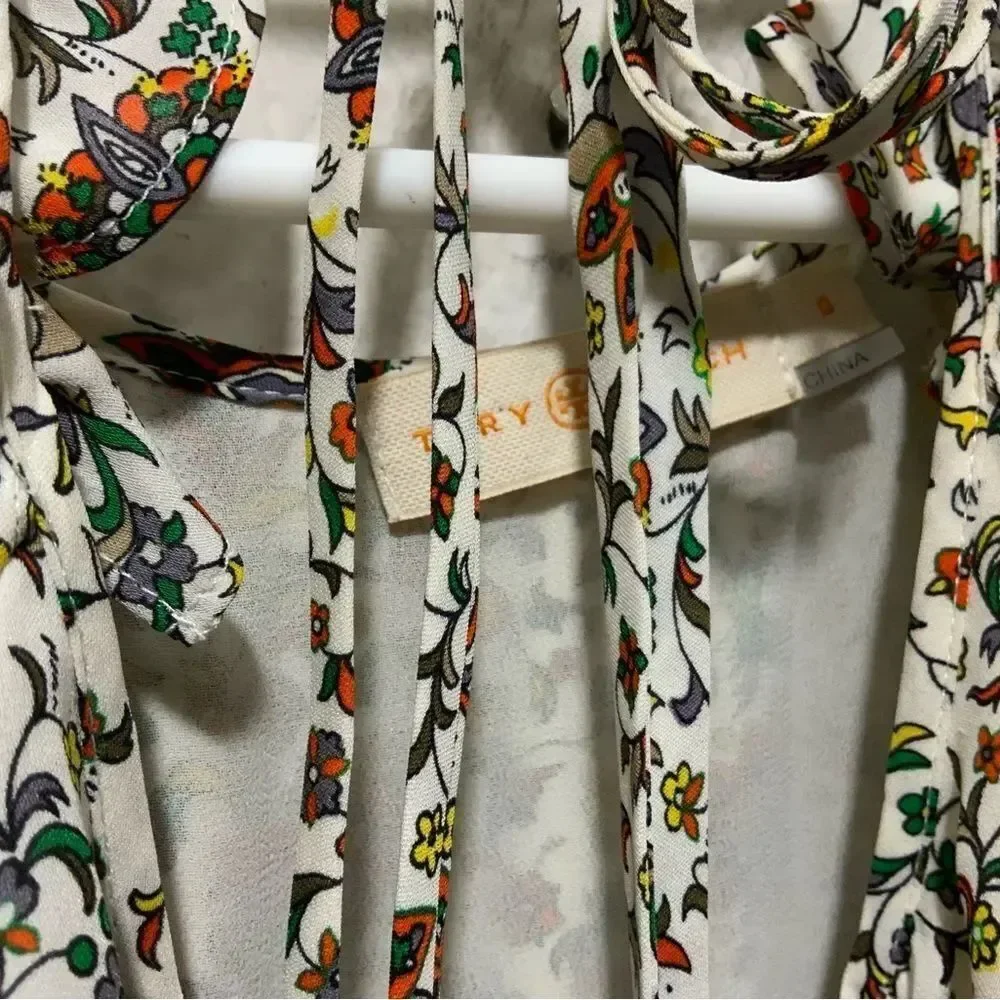 TORY BURCH Ivory Paisley Printed Ruffle Maxi Long Silk Dress 3/4 Sleeves NWOT